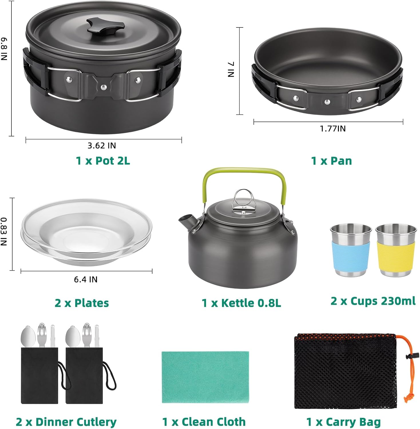 17pcs Camping Cookware Kit, Aluminum Non-Stick Pot, Pan and Kettle Set with 2 Set Stainless Steel Cups Plates Forks Knives Spoons for Backpacking and Hiking Camping