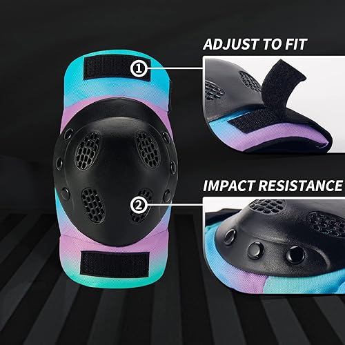 Vista 5 de Almohadillas para patineta para niños, jóvenes y adultos, coderas y muñequeras, equipo de protección, correas dobles fuertes y clips ajustables