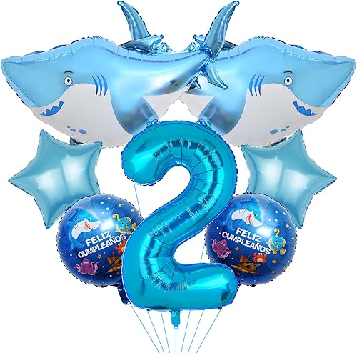 Globos de tiburón, 7 globos de aluminio de tereftalato de polietileno con número de tiburón, animales del océano, suministros de fiesta de