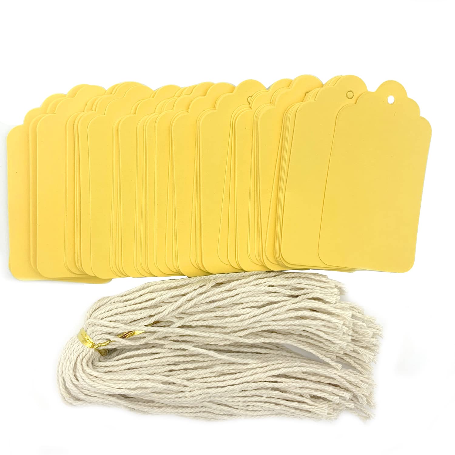 Etiquetas de regalo, 100 etiquetas rectangulares amarillas para colgar, etiquetas de marcado en blanco con cuerda