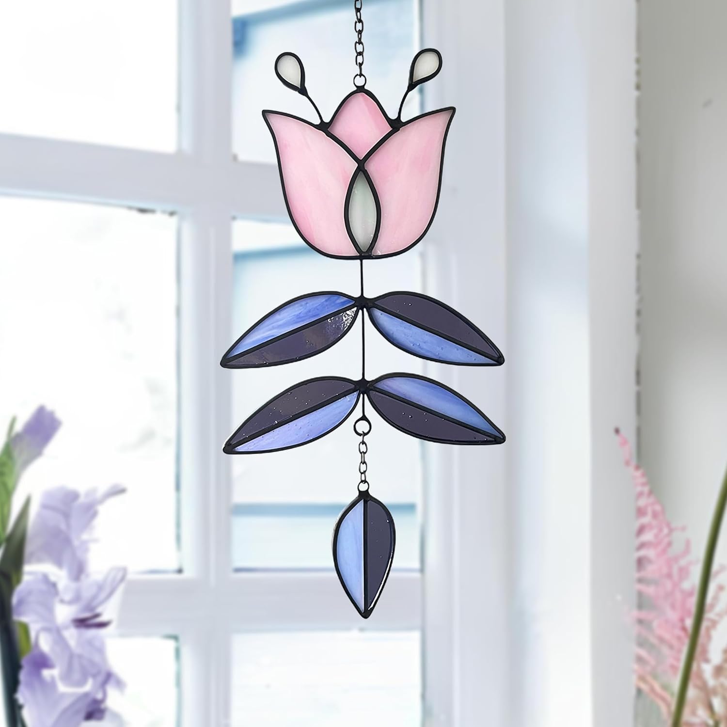 Pink Tulip Stained Glass Suncatcher, Folk Flower Stained Glass Window Hanging Sun Catcher, Healing Boho Decor, Handmade Flower Gifts for Indoor Window, 9.4" x 4.7" - Image 6