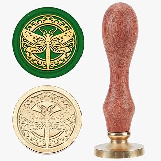 MAYJOYDIY Dragonfly Floral Wax Seal Stamp 25mm Brass Heads Wood Handle | 3.5In Polished Wooden Grip, Deep Engraved Crisp Imprint, Threaded Detachable Die Design, Decorating Invite Wine Parcels Notes