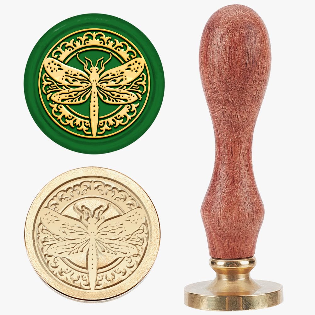 MAYJOYDIY Dragonfly Floral Wax Seal Stamp 25mm Brass Heads Wood Handle | 3.5In Polished Wooden Grip, Deep Engraved Crisp Imprint, Threaded Detachable Die Design, Decorating Invite Wine Parcels Notes