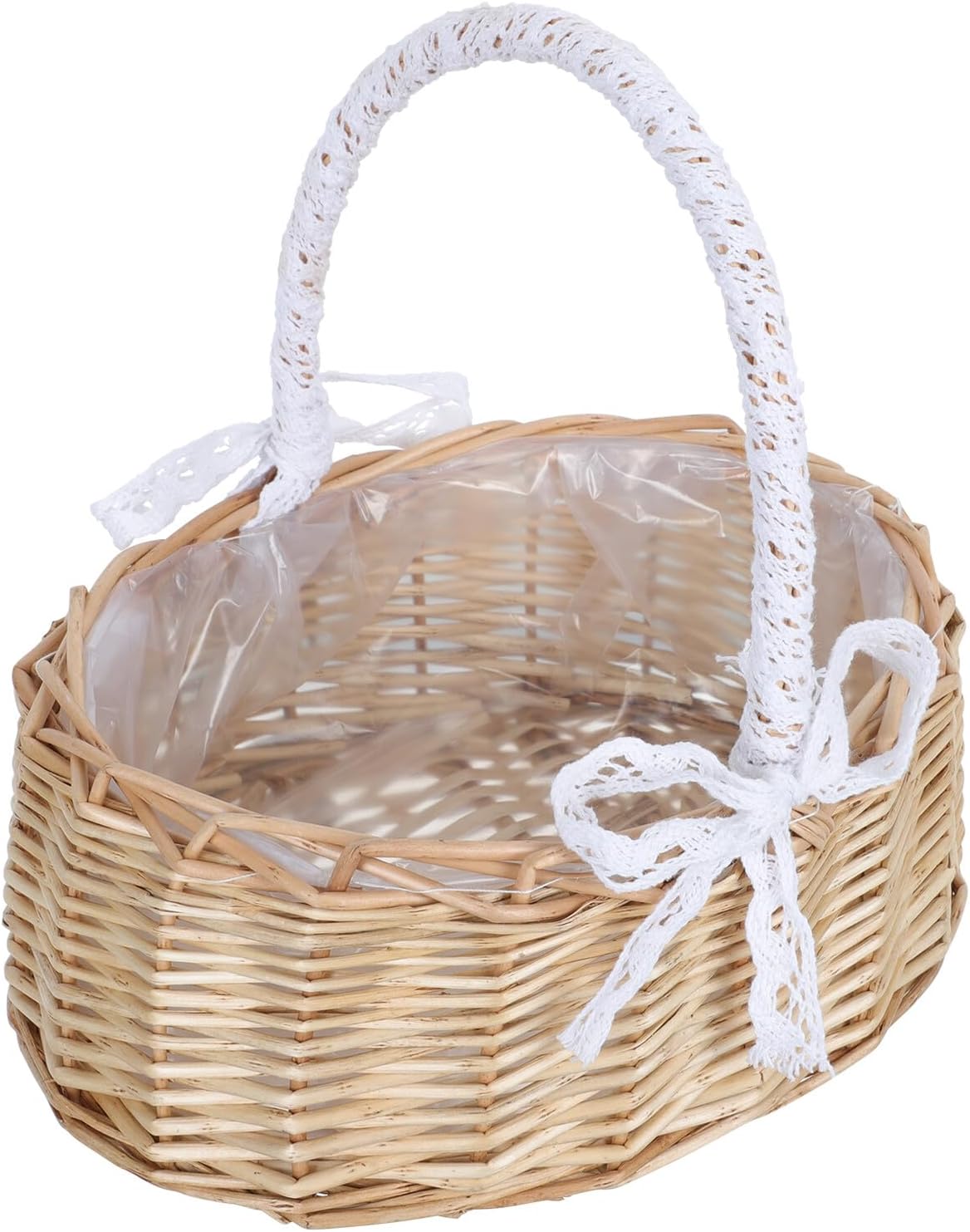 jojofuny Woven Rattan Flower Girl Basket Handcrafted Oval Lace Design Portable Wedding Ceremony Decoration Storage Basket for Flower Arrangement and Photo Prop
