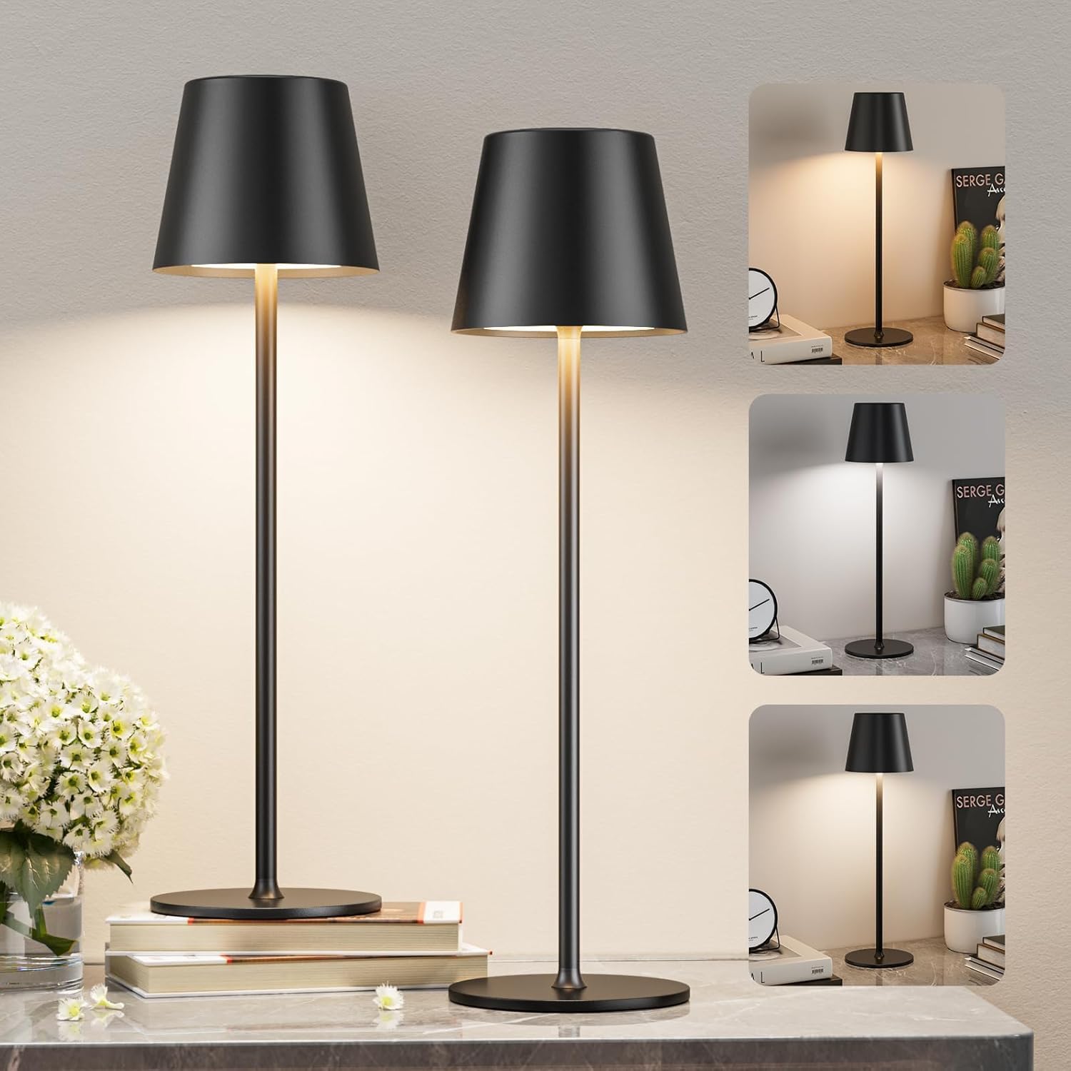 GEPROSMA Set of 2 Cordless Bedside Table Lamp, 5200mah Rechargeable Battery,IP54,15" 38CM Modern LED Desk Lamp,Touch Dimmable,Portable Wireless Light for Bedroom Living Room Outdoor,Black