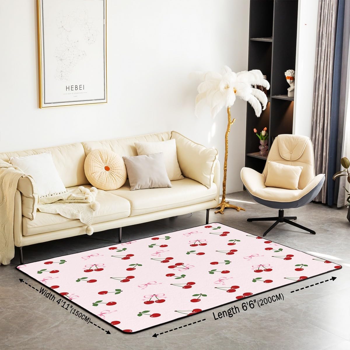 jejeloiu Cute Bows Cherry Area Rug 3x5 Kids Watercolor Bow Living Room Rugs for Bedroom for Boys Girls Teens Summer Fruit Indoor Floor Mat Soft Microfiber Bowknot Pink Room Decor