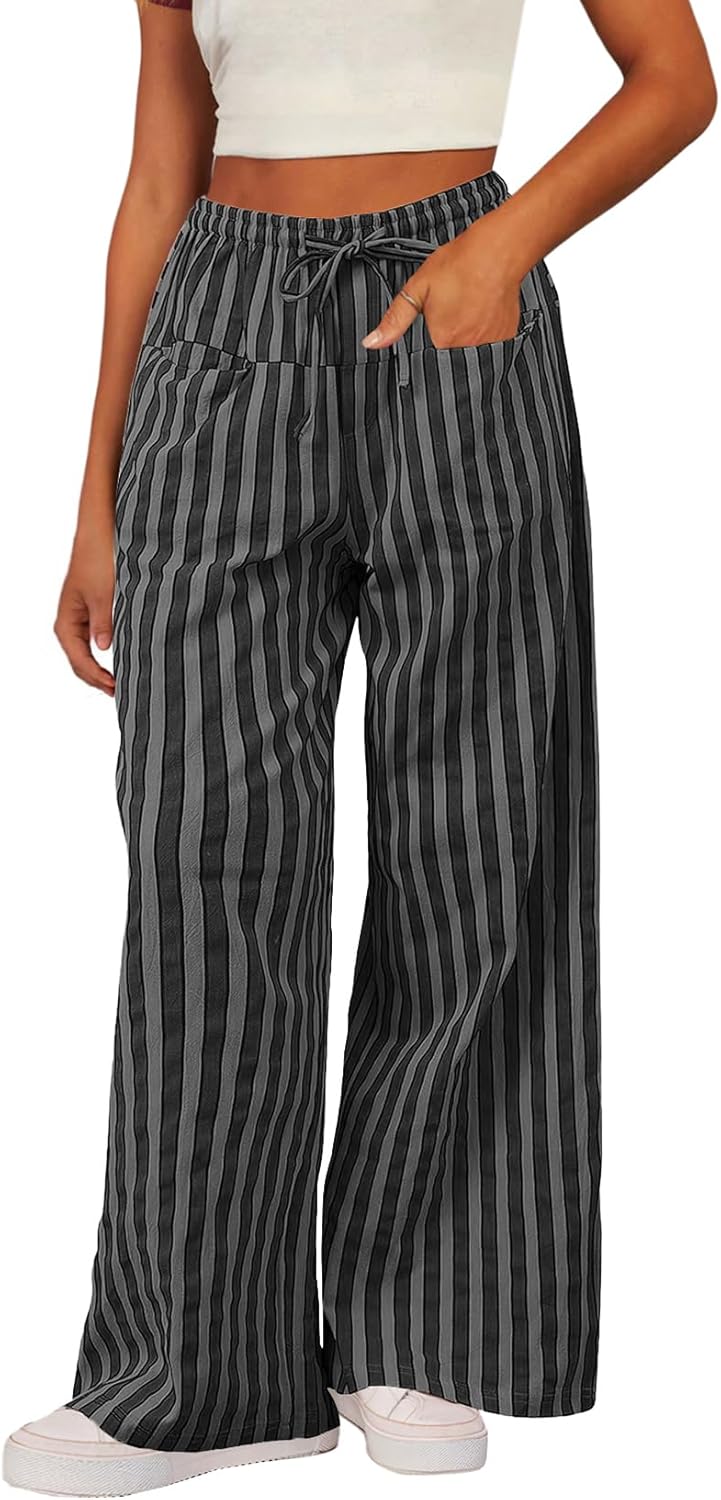 Acelitt Women Casual Drawstring Elastic Waist Loose Wide Leg Striped Pants with Pockets, S-XXL