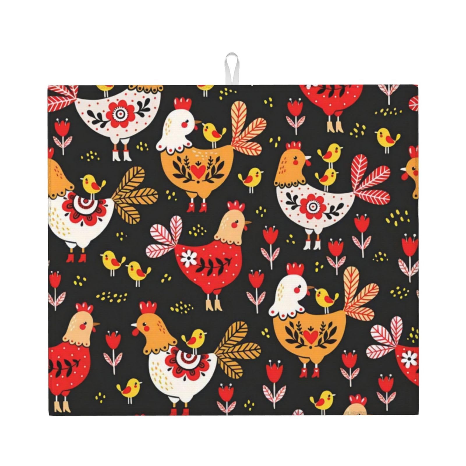 YYHWHJDE Cute Rooster Chickens Prints Kitchen Drying Mat - Absorbent Dish Drying Throw with Vibrant Prints, Quick-Dry Countertop Layer for Dishes & Appliances - Non-Slip & Foldable