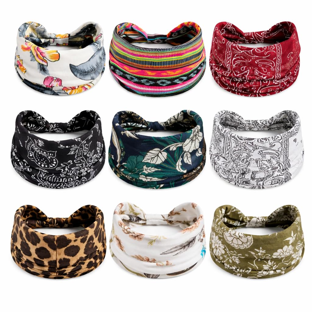 9 PCS Boho Bandana Headbands for Women – Wide Elastic Turban Hair Wraps, Stretch Knotted Yoga Headbands, Assorted Paisley Floral Prints