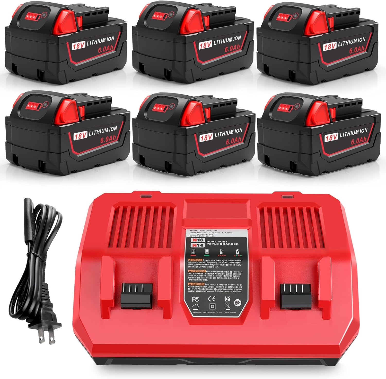 6Pcs 18V 6Ah Battery and N18-N14 18V Dual Port Charger Set Compatible for Milwaukee WK18 Tools 48-11-1850 48-11-1860 48-11-1820 48-11-1840 48-11-1830 48-11-1870 48-11-1880 Fast Charging