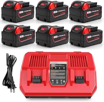 6Pcs 18V 6Ah Battery and N18-N14 18V Dual Port Charger Set Compatible for Milwaukee WK18 Tools 48-11-1850 48-11-1860 48-11-1820 48-11-1840 48-11-1830 48-11-1870 48-11-1880 Fast Charging