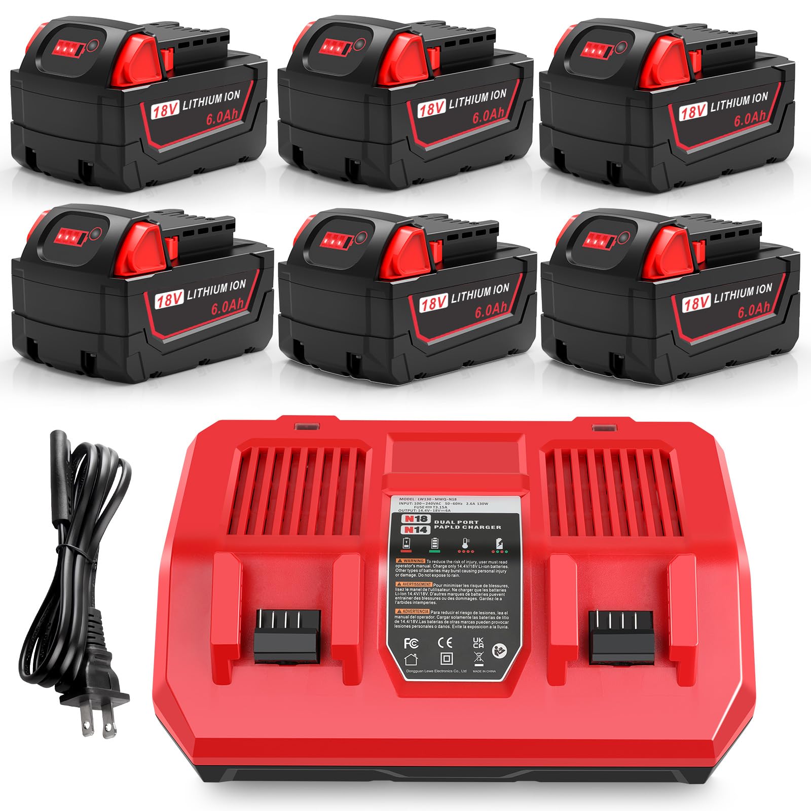 Stairlie 6Pcs 18V 6Ah Battery and N18-N14 18V Dual Port Charger Set for Milwaukee WK18 Tools 48-11-1850 48-11-1860 48-11-1820 48-11-1840 48-11-1830 48