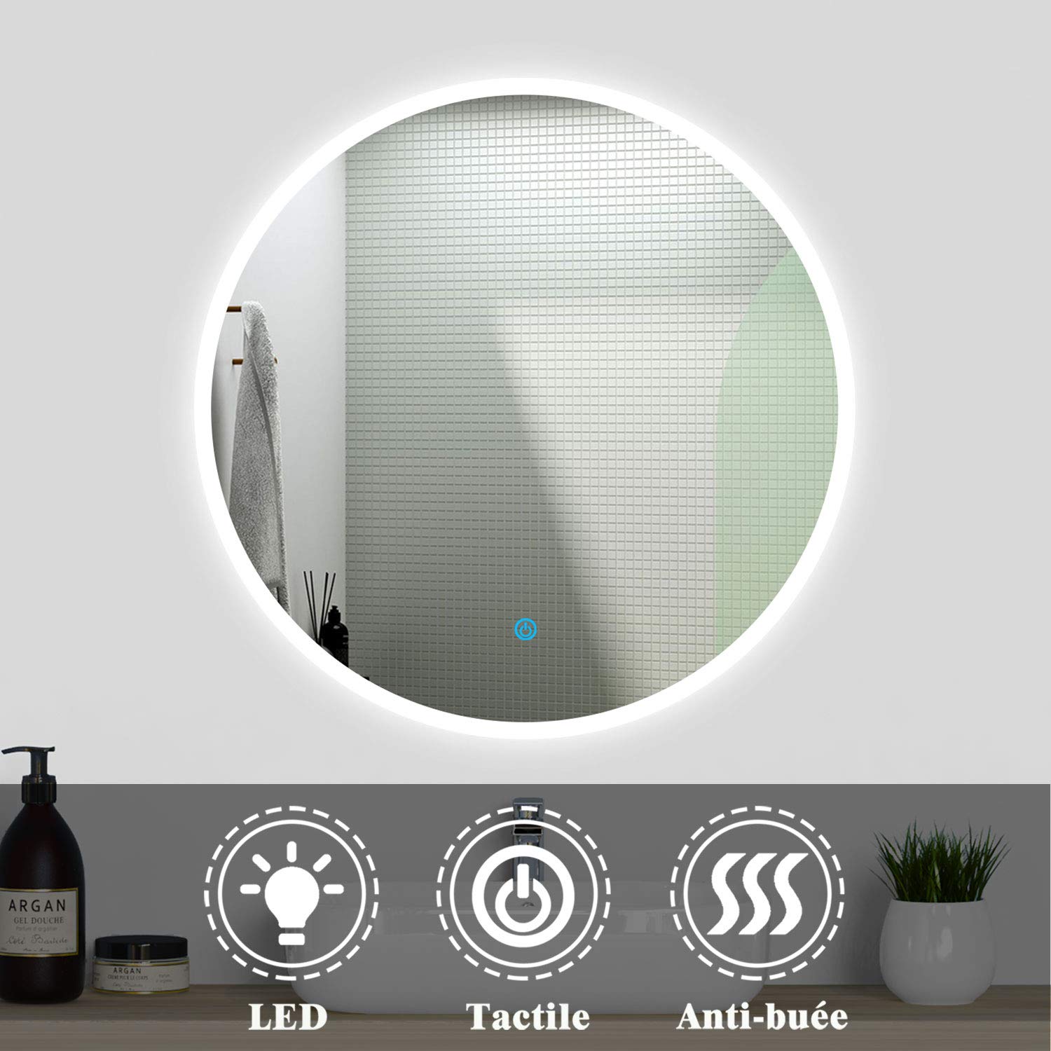 Ensemble Salle De Bain 100 Cm AICA - Vasque, Colonne Et Miroir Rond Mural Anthracite