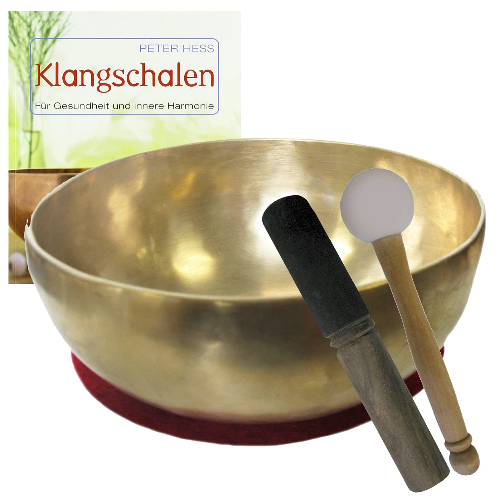 Klangschale KEHLKOPFSCHALE Therapie-Qualität 4-teiliges Klangmassage-Set + BUCH von Peter Hess. Therapieklangschale ca. 700-800g ca. 15-16 cm mit Kissen, Holz-Leder-Klöppel. 70055