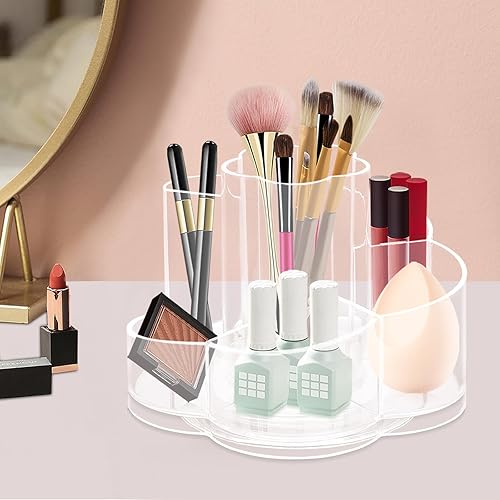 Miniatura 7 de Organizador de maquillaje giratorio 360, organizador de brochas de maquillaje transparente para encimera con 6 compartimentos, soporte para lápiz