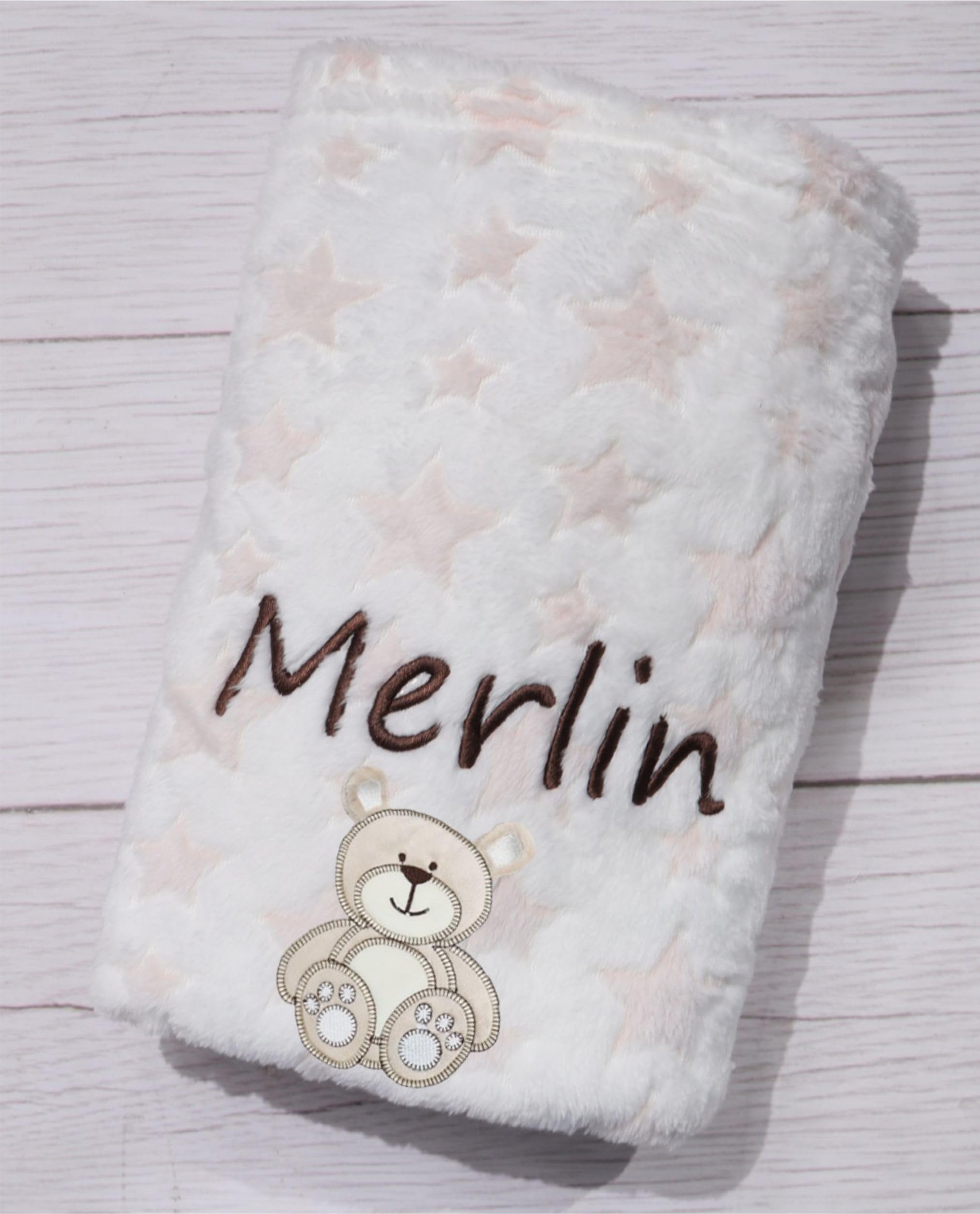 BotoBaby® Personalisierte Babydecke Creme mit Sternen – Kuscheldecke mit Name, Geschenk zur Geburt & Taufe (Creme - Sternen + Stoffapplikation 3D)