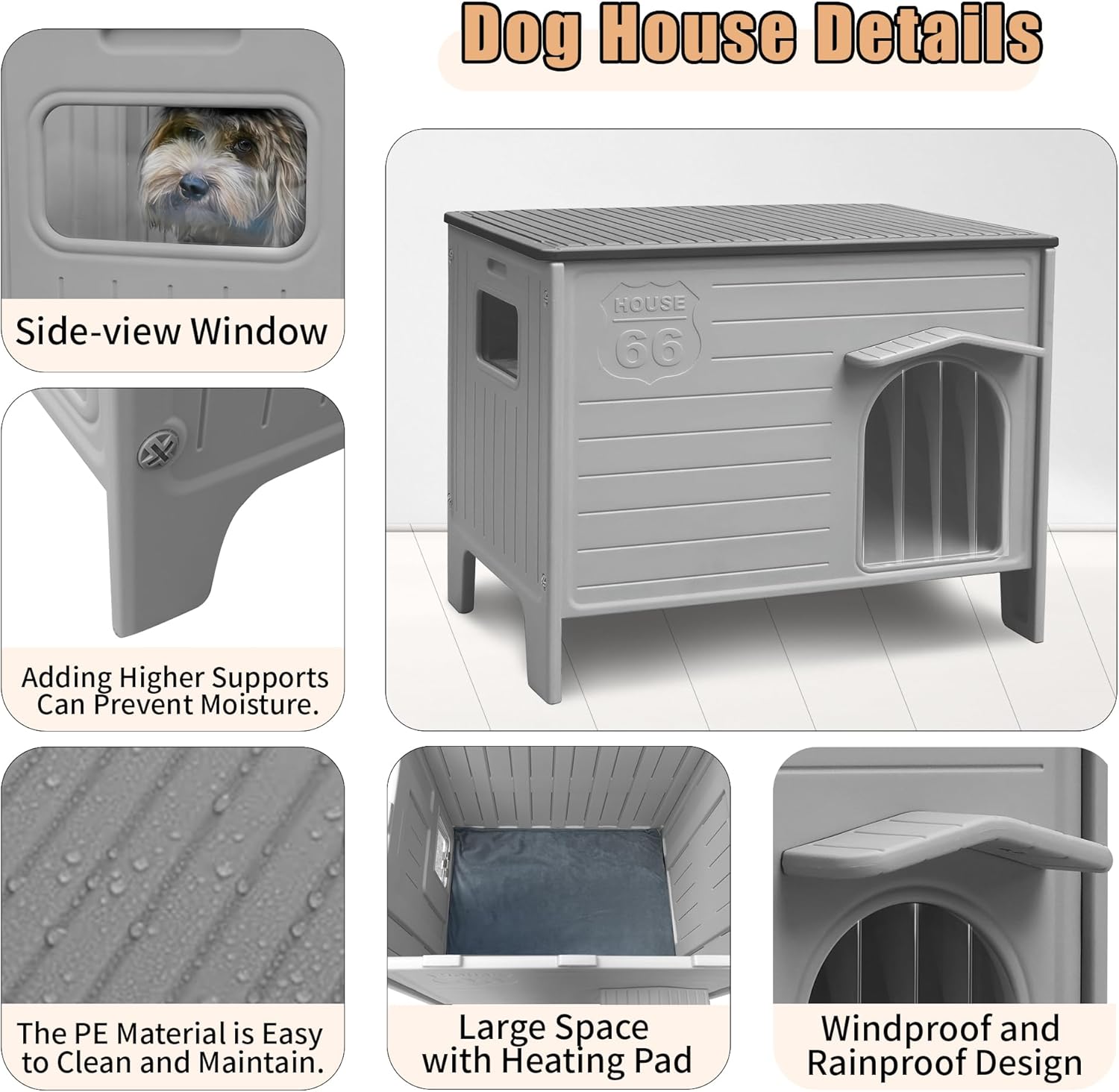 Heated Dog House Outdoor,Weatherpoof Plastic Dog House for Medium and Small Dogs(26.7" L x 26.7" W x 21.4" H) - Grey