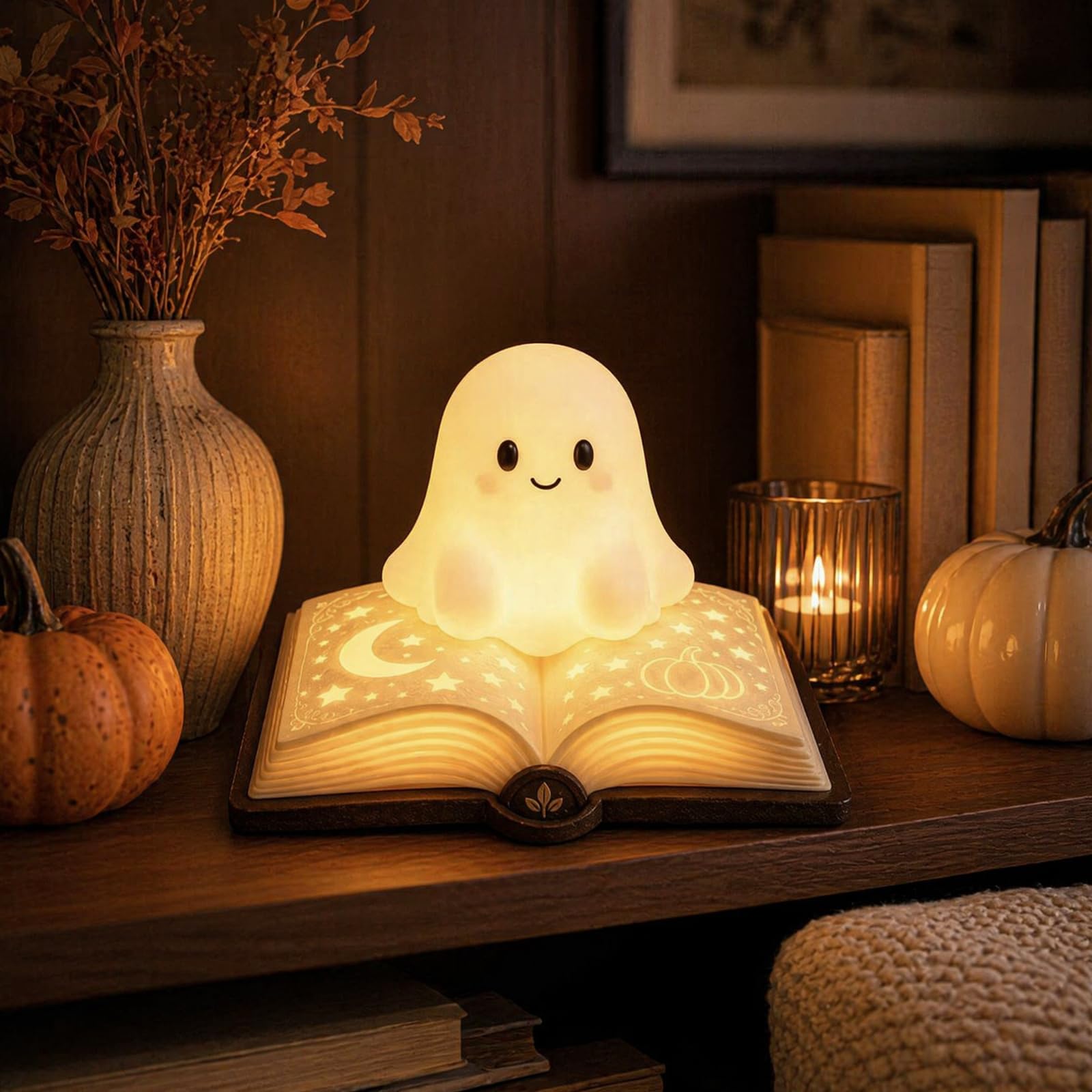 Aukojoy Ghost On Open Book Night Light Halloween Resin LED Candle Glow Lamp
