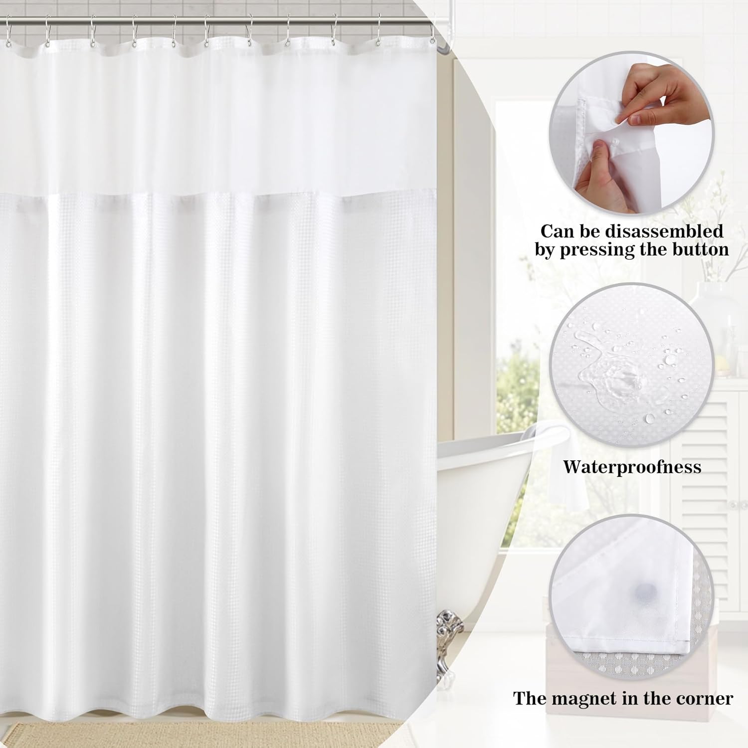 YI & ZE Waffle Weave Shower Curtain with Snap-in Fabric Liner Set, Hotel Style, Slub Textured Shower Curtain, 12 Metal Hooks Included, Waterproof & Washable Heavyweight Fabric, White, 72" W x 72" H