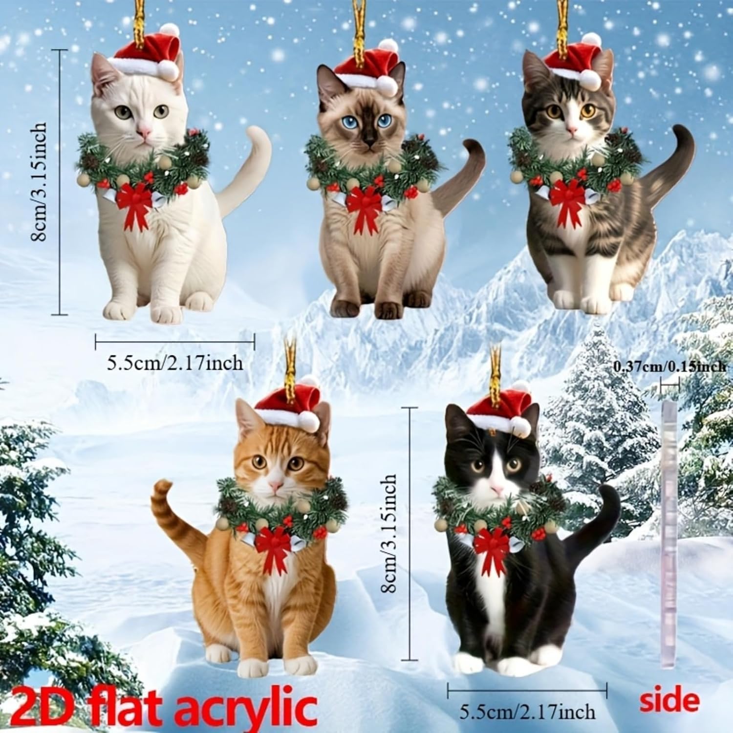 5 peças de enfeites de gato de Natal com coroa de flores e chapéu de Papai Noel, decorações planas para pendurar em árvore de Natal para decoração de casa 5 peças de enfeites de gato de Natal com coroa de flores e chapéu de Papai Noel, decorações planas para pendurar em árvore de Natal para decoração de casa