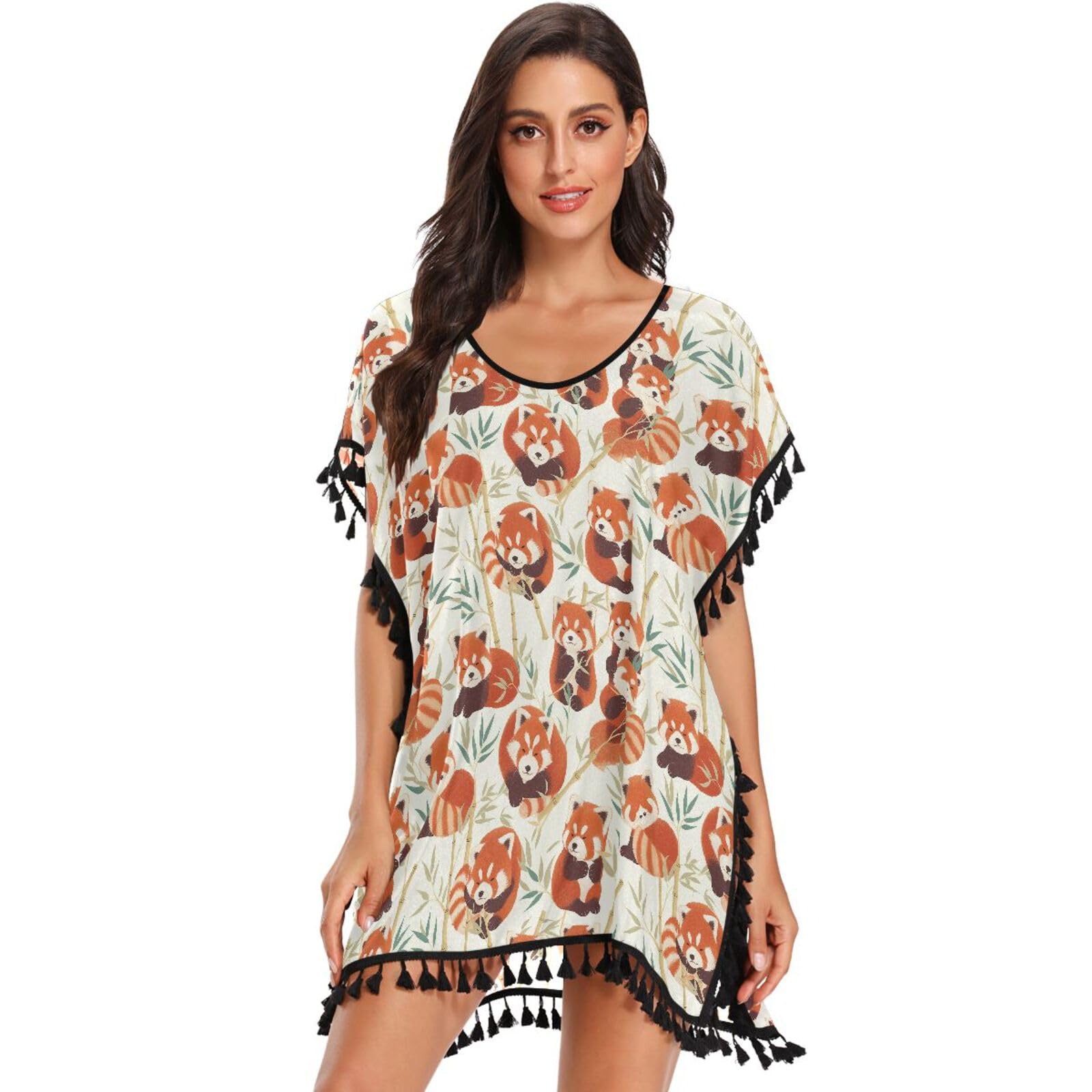 Robe de plage ample à pompons imprimé panda rouge original