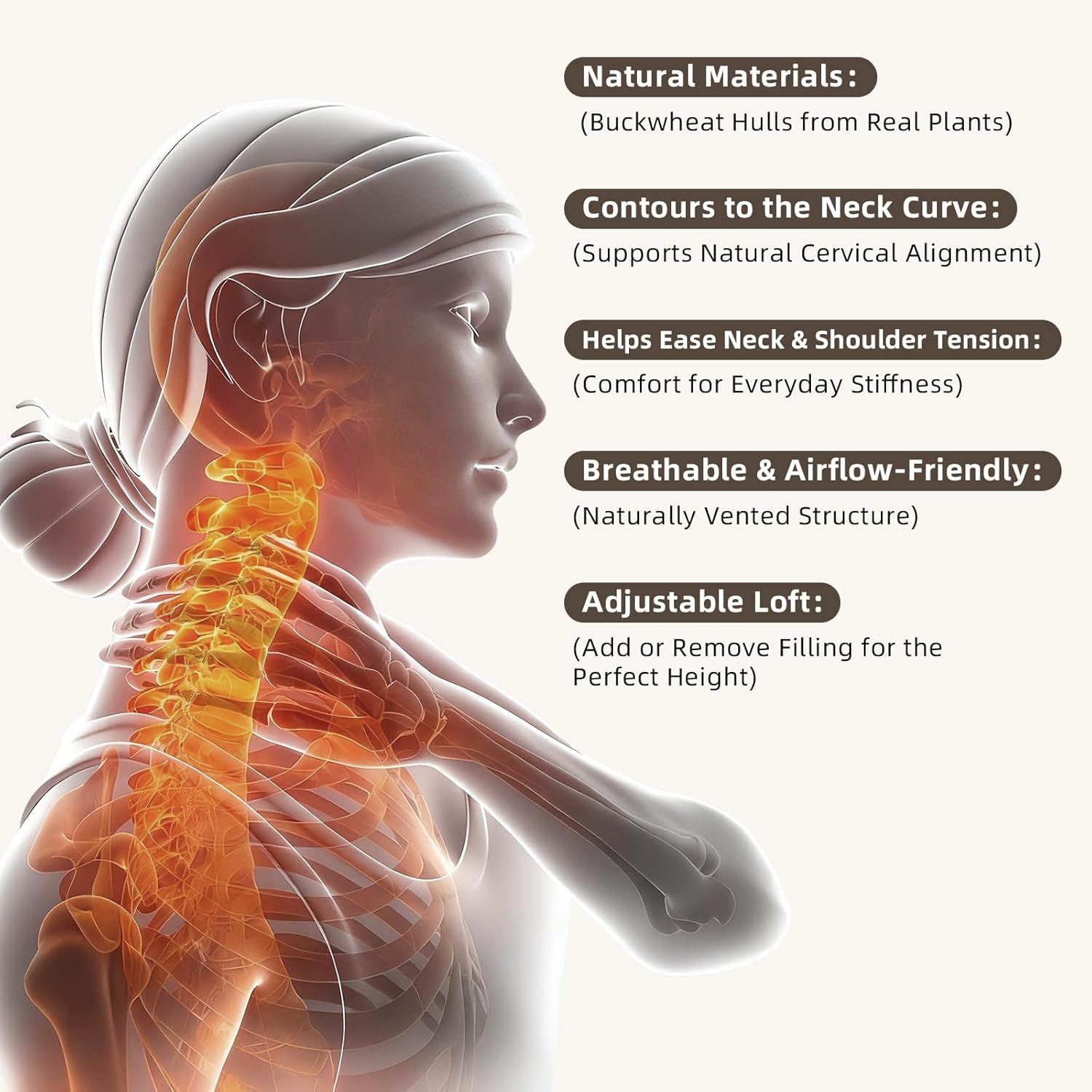 Qirelle Organic Buckwheat Cervical Neck Pillow – Adjustable Neck Roll for Sleeping, Ergonomic Neck Support Bolster for Side & Back Sleepers, Pillow for Neck Pain Relief and Spine Alignment