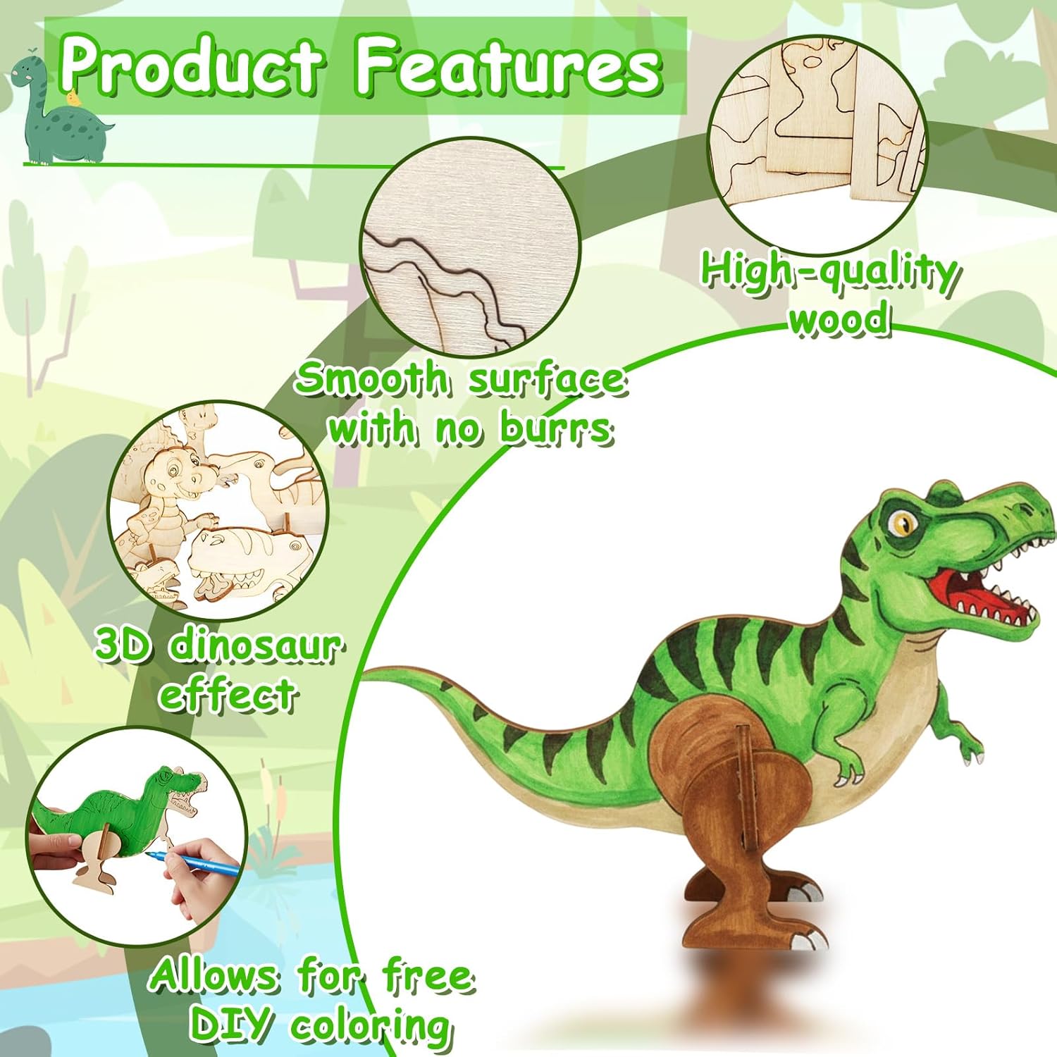Dinosaur Wooden Craft Sets for Children, 16 Dinosaur Wood, 12 Colouring Pencils, 32 Eye Stickers, 2 Rhinestone Stickers, 3 Tattoos, Children's Birthday Activity, Craft Ideas, Children's Birthday
