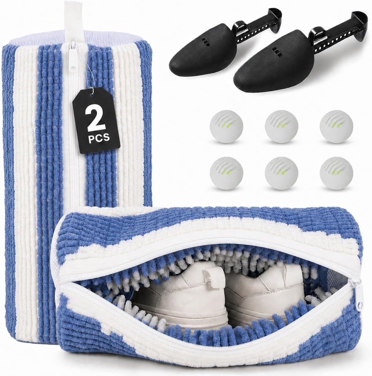 Shoe Washing Bag – 2Pcs Reusable Shoe Laundry Bags for Sneakers, 360° Deep Cleaning, Secure Lock Sneaker Washing Machine Bag with 6 Deodorizer Balls & Shoe Trees