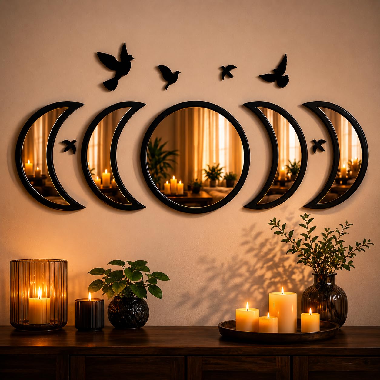 Amazon.com: NESHE Moon Phase Mirror Wall Decor Set with Birds
