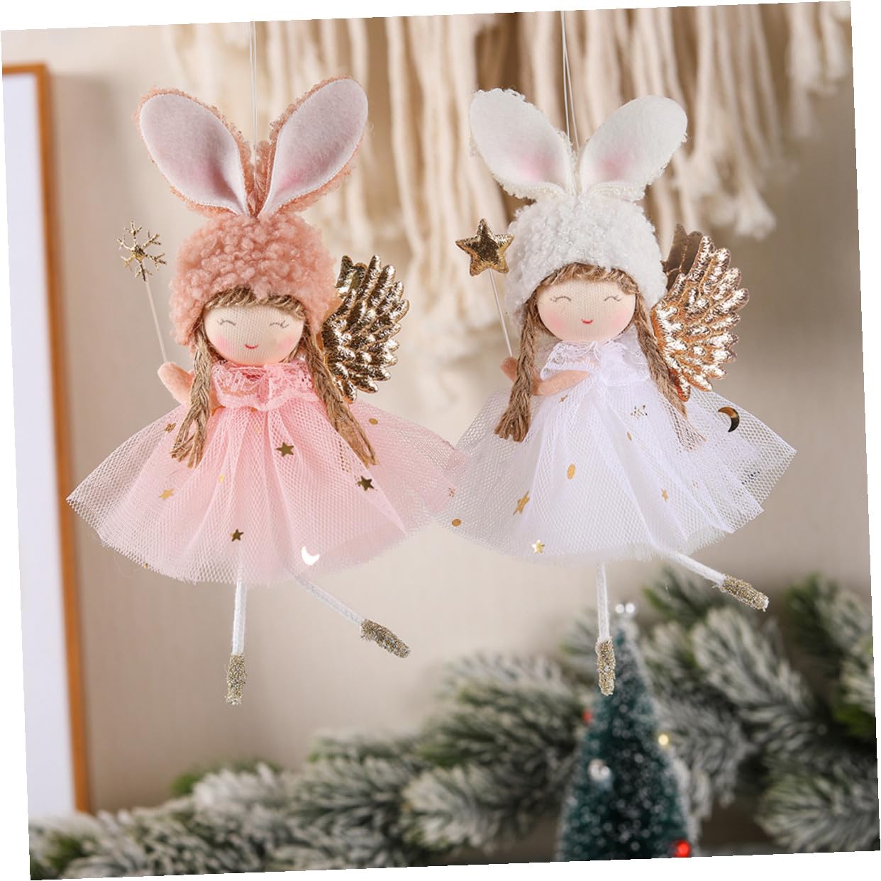 NUOBESTY Lot de 2 Décorations Suspendues d'ange pour Sapin de Noël Figurines Jupe en Tulle Rose Accessoires d'arbre Festifs Ornements Suspendus pour Décoration Intérieure et Extérieure