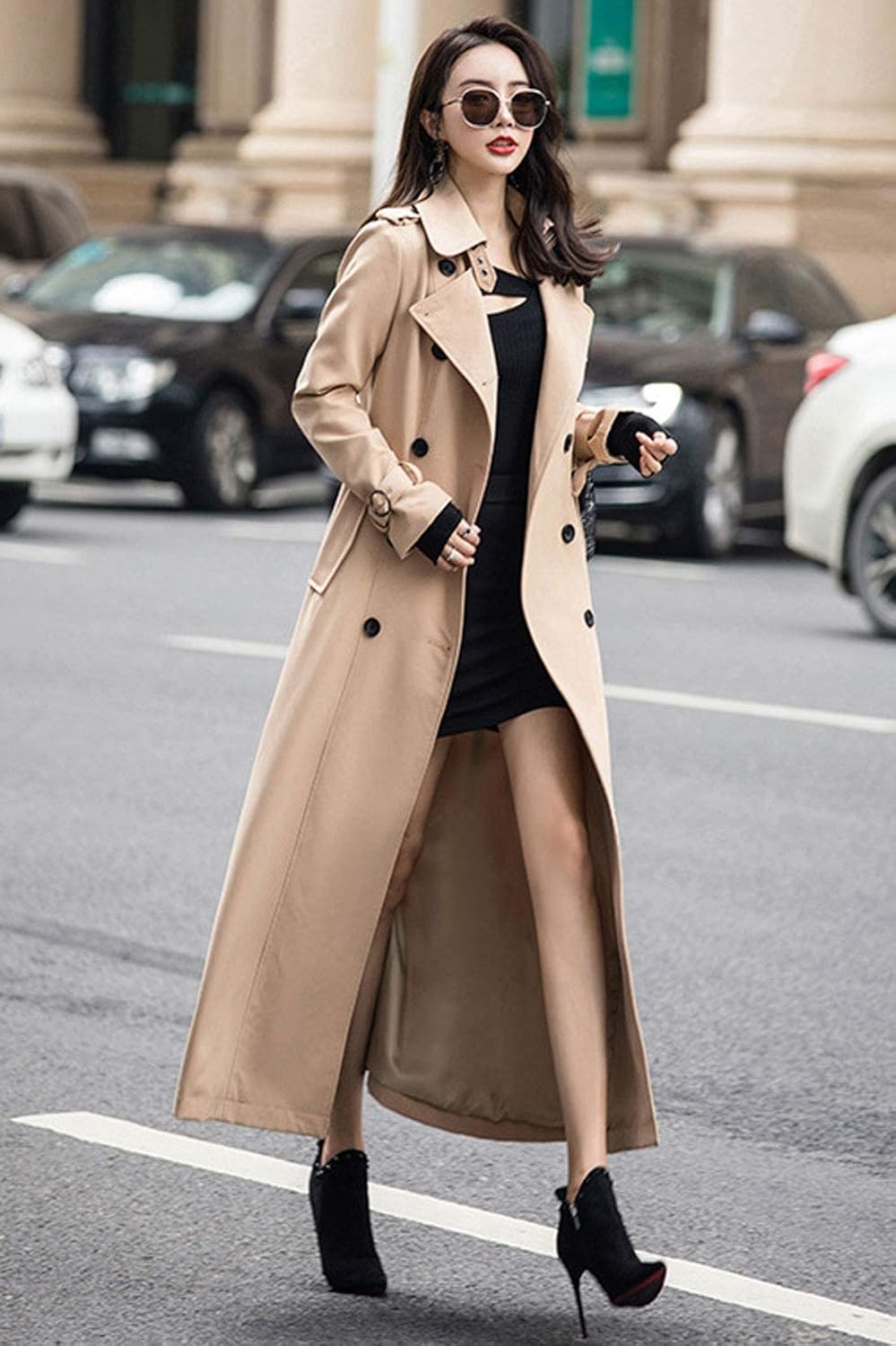 ebossy Women's Double Breasted Duster Trench Coat Slim Full Length Maxi Long Overcoat - Image 2