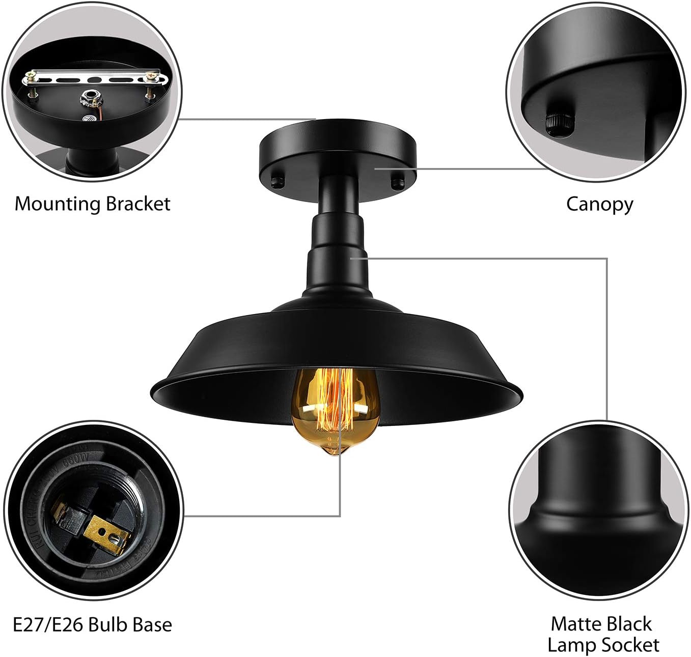 KWOKING Lighting Industrial Metal Drop Ceiling Lighting Simple Vintage Flush Mount Ceiling Light Perfect Size for a Small Space Upstairs Landing, Bedroom, Living Room