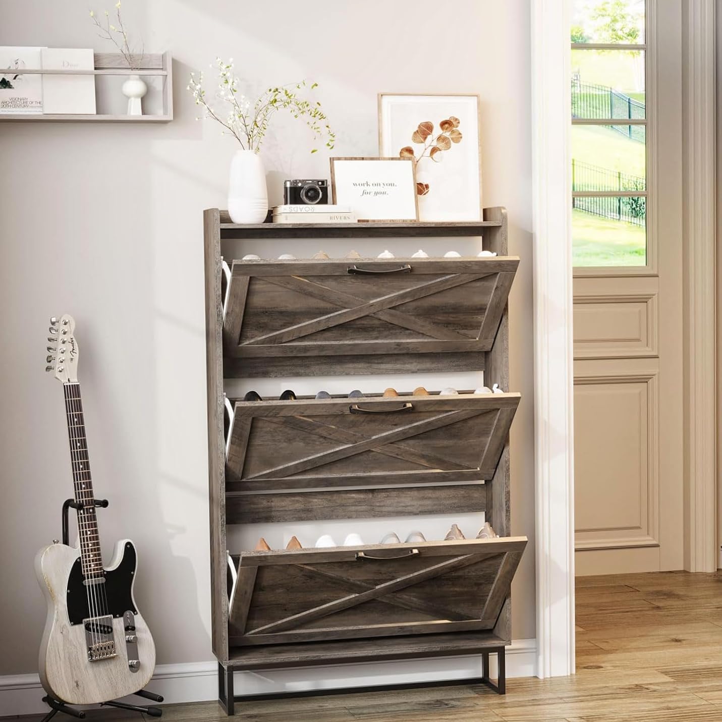 Maupvit Narrow Shoe Cabinet with 3 Flip Drawers，Shoe Storage Cabinet for Entryway，Hidden Shoe Storage Slim Storage Cabinet with Metal Legs, Farmhouse