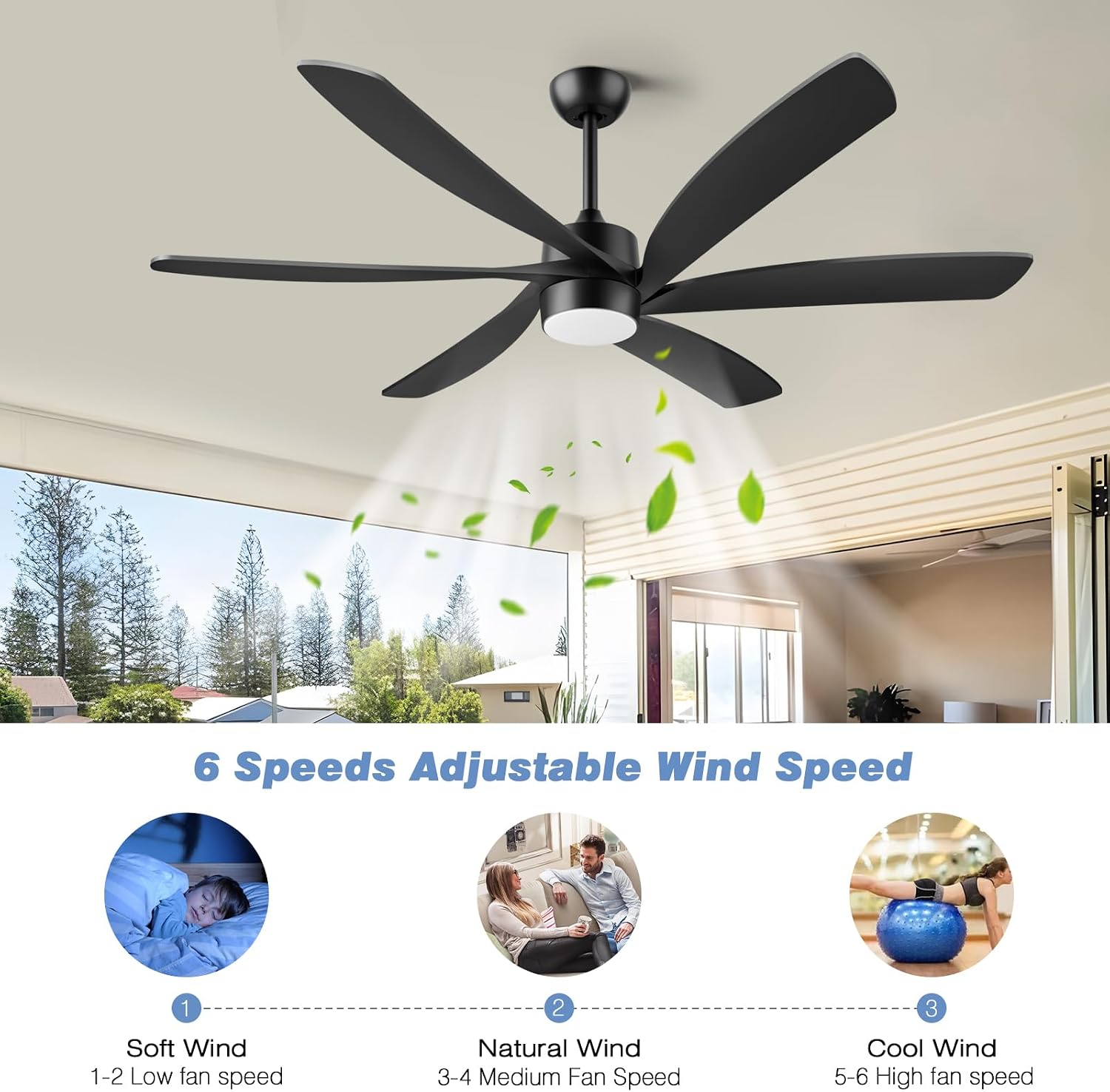 64 Inch Black Ceiling Fans with Lights and Remote, Large Outdoor Ceiling Fans for Patios, 6 Blade Farmhouse Exterior Ceiling Fan for Porch, 6 Speed Reversible DC Motor, Dimmable 3CCT