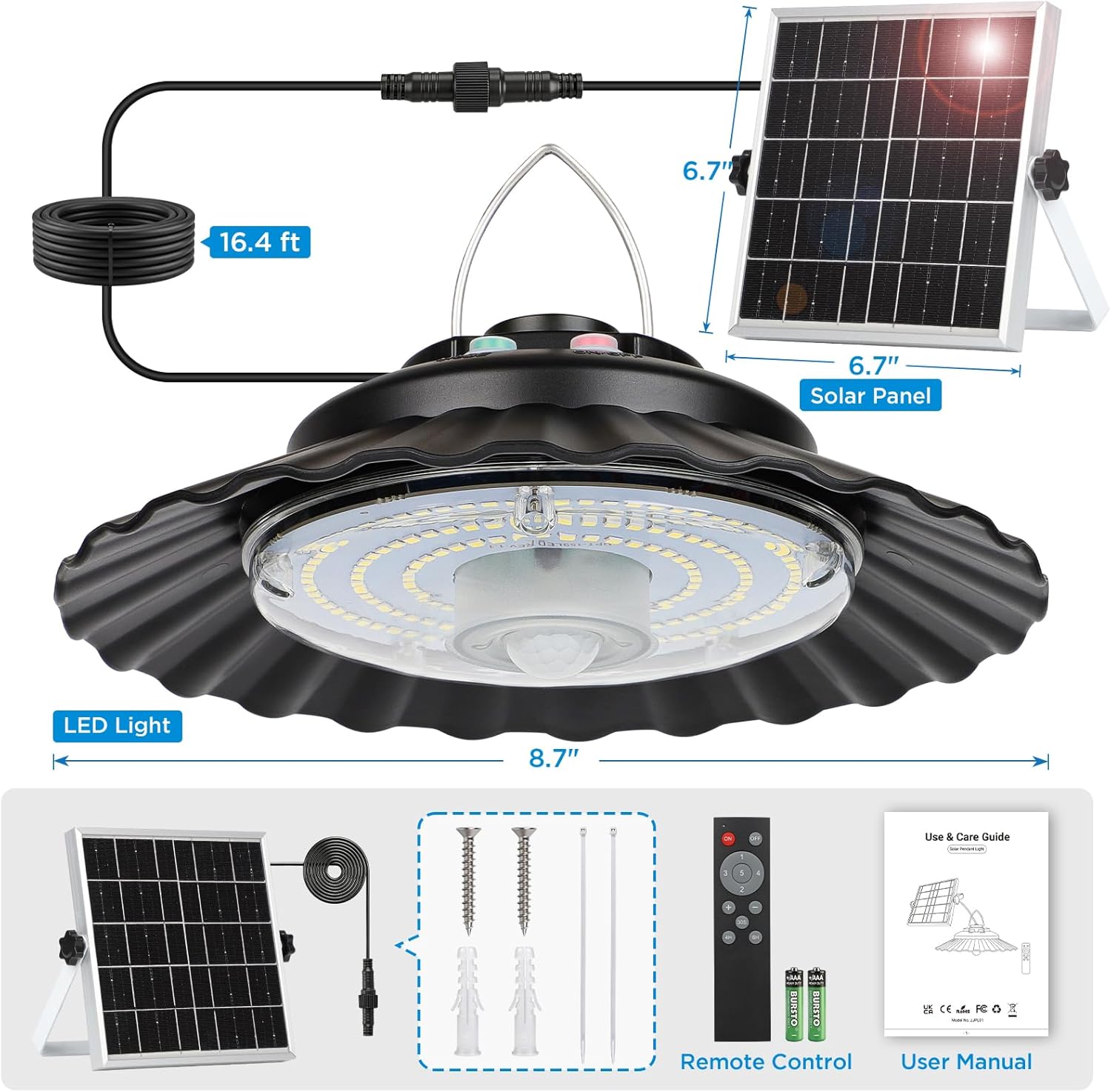 ropelux Solar Shed Light Indoor Outdoor, 2000LM Motion Sensor Solar Pendant Light with 5 Modes (Daytime Available) & Remote, Waterproof Dusk to Dawn Solar Lights for Gazebo, Shop, Chicken Coop, 1Pcs