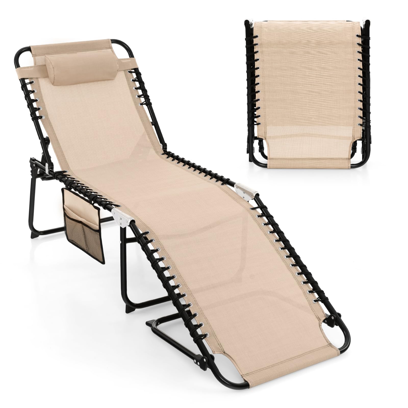 RELAX4LIFE Folding Sun Lounger, 4-Level Adjustable Patio Chaise Lounge Zero Gravity Reclining Chair with Removable Headrest & Side Pocket, Portable Outdoor Recliner Sunbed for Garden Beach (Beige)