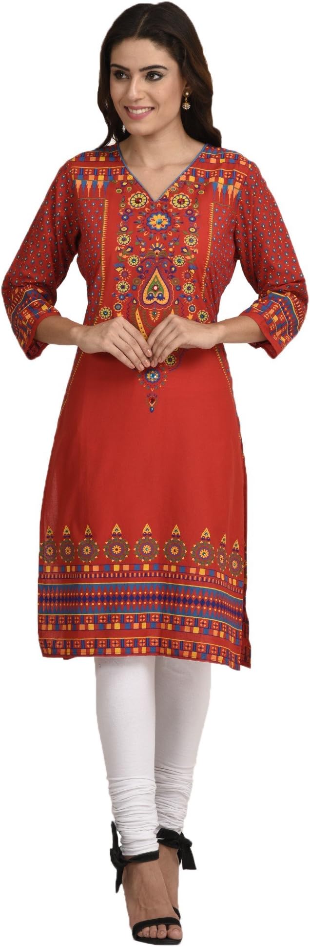 Women's Cotton Red Stone Work Flower Neck Kurti