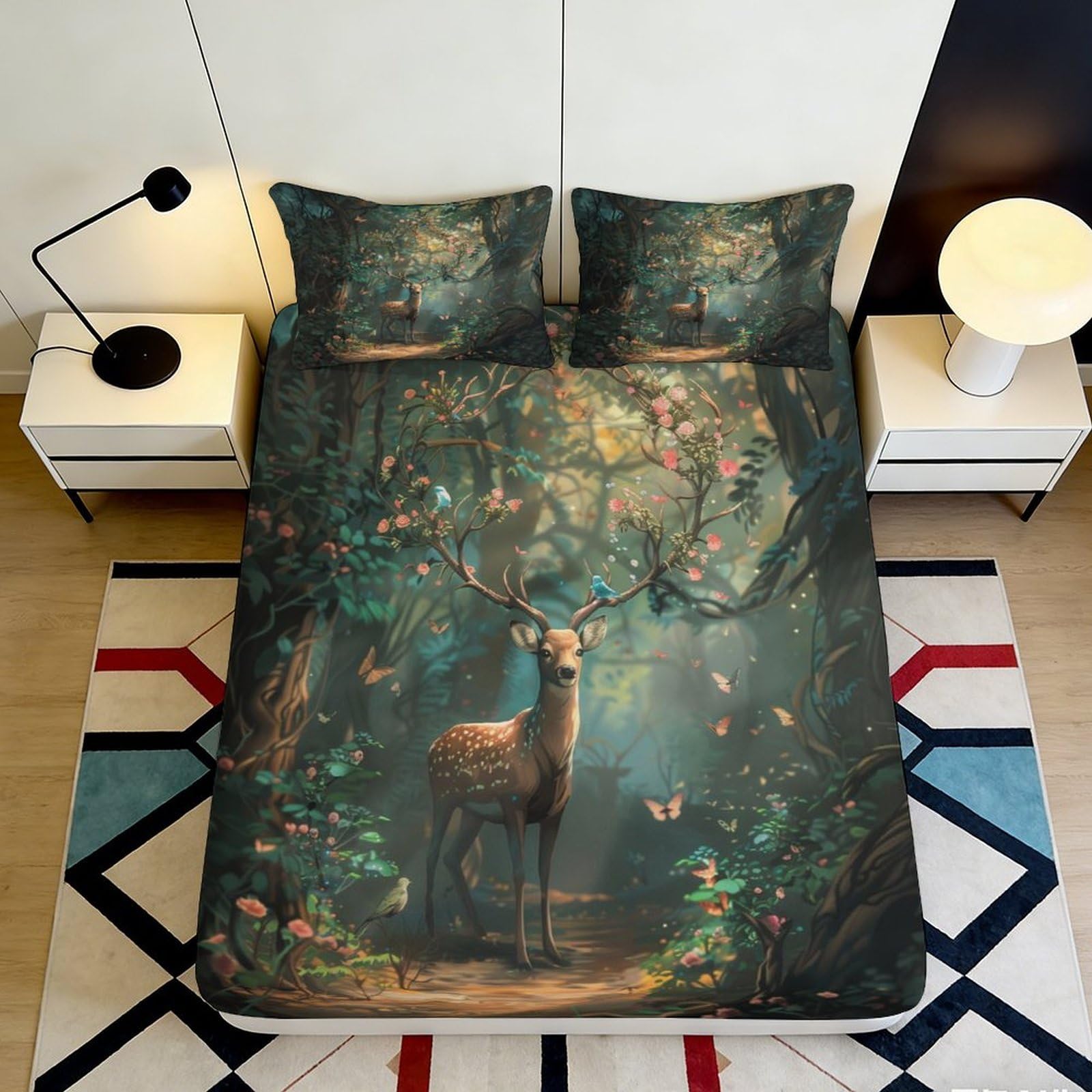 3D Printed Deer Forest Fitted Sheet Microfiber Soft Breathable Floral Antlers Bed Cover for Bedroom Dormitory Guest Room Mattress Protection Decor 140x200x25cm