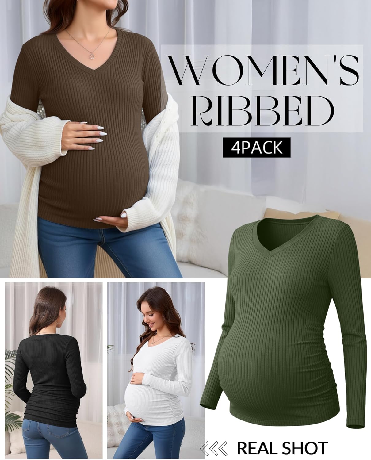 4 Pack Women's Maternity Shirts, Cotton Long Sleeve Pregnancy Tops Ribbed V Neck Slim Fit Maternity Clothes - Image 6