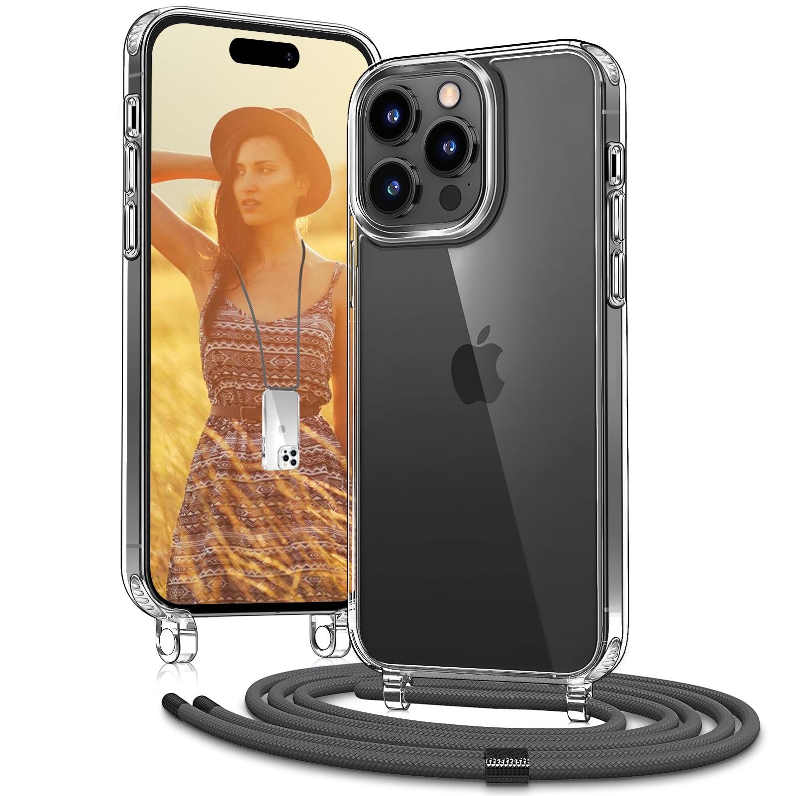 OLEPHY Handykette für iPhone 15 Pro Hülle mit Band - Necklace Handyhülle - Transparente Case zum Umhängen mit Kameraschutz und Bildschirmschutz - Grau
