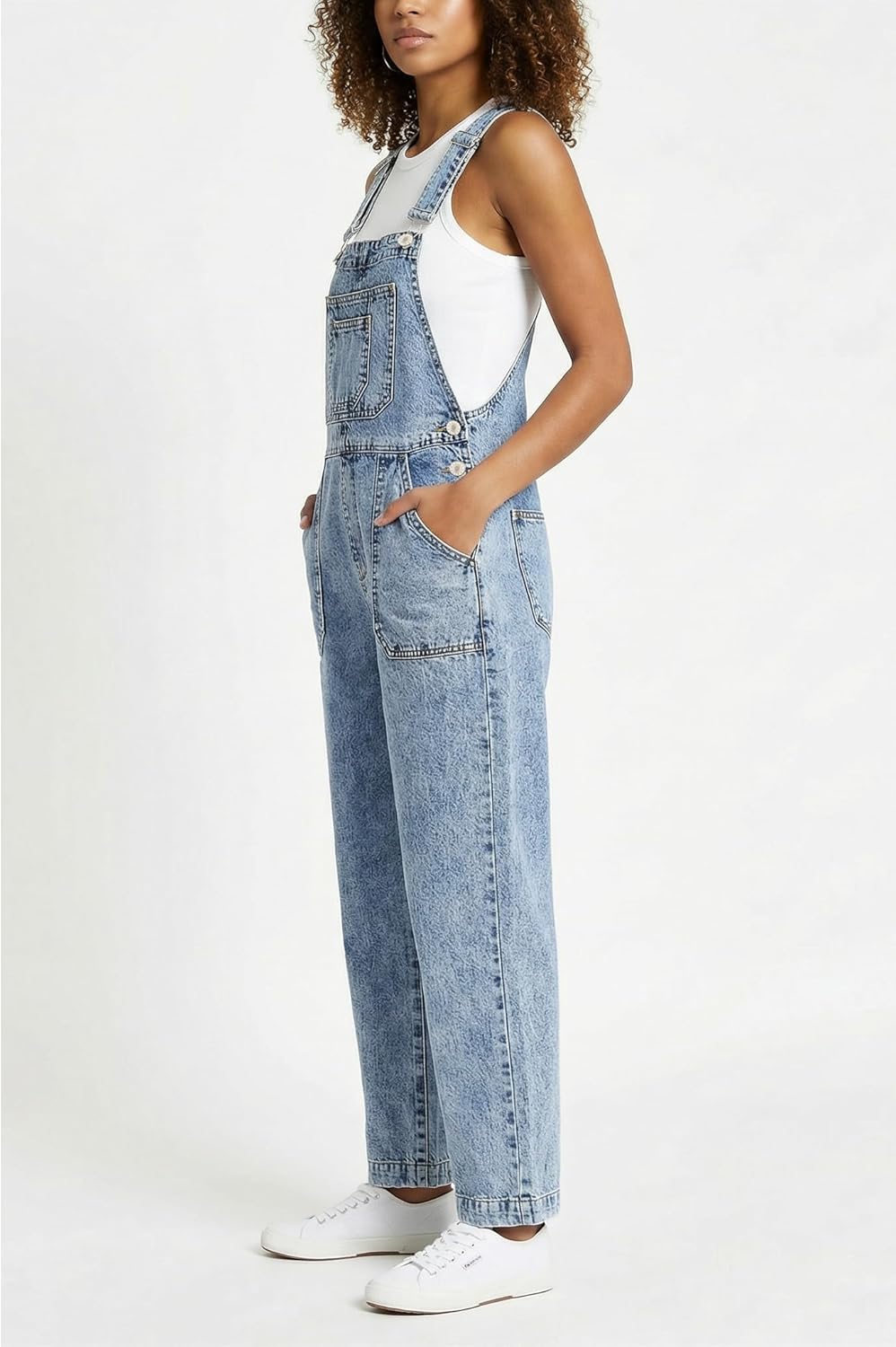 Women's Denim Overalls with Adjustable Straps Relaxed Fit Multiple Pockets Vintage Wash Stretchy Jean Overalls