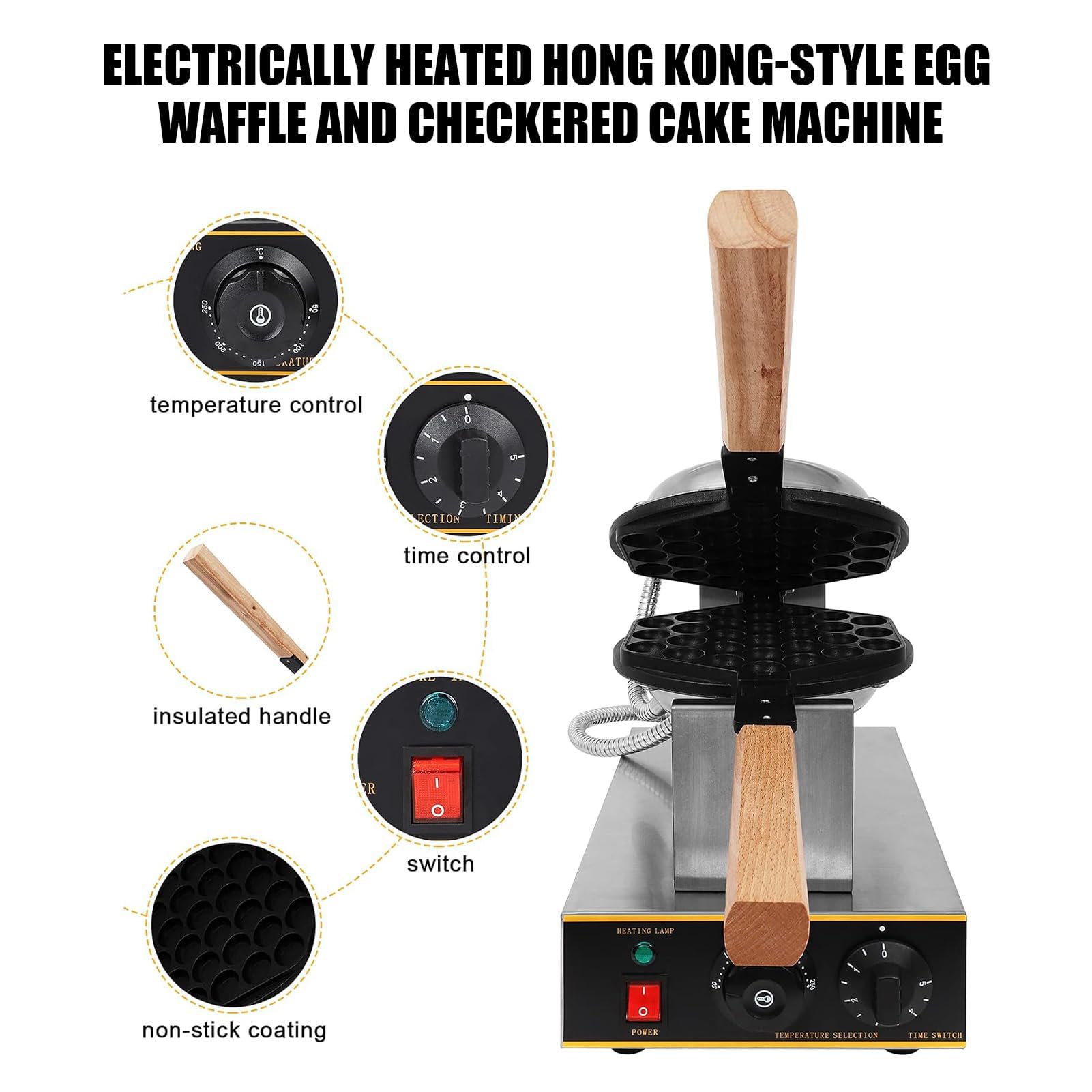 Gofrera de Burbujas con Soltero/Doble Cabezal Bubble Waffle Comercial Antiadherente Máquina de Gofre Estilo de Hong Kong 50-250℃,Sarten Gofres Girario 180 Grado (Size:Cabeza única)