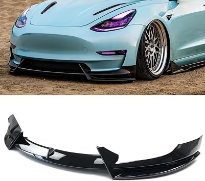 Front Bumper Lip 3Pcs Compatible with Tesla Model 3 2017-2023 Front Bumper Lip Splitter Spoiler Glossy Black
