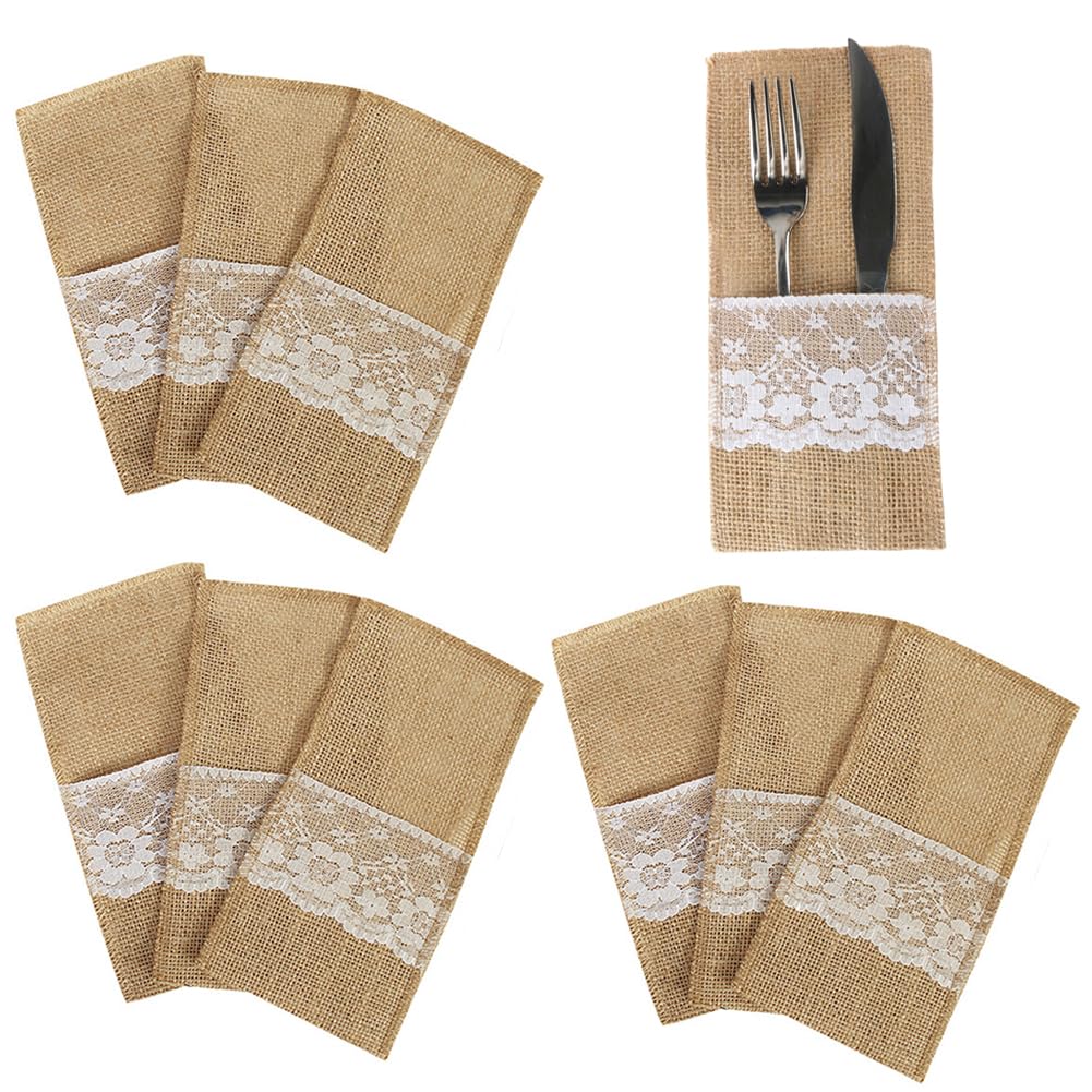 VASANA 10Pcs 11x21cm/4.3x8.27inch Burlap Utensil Tableware Holders with Lace Flower Silverware Holder Knifes Forks Bags Napkin Pouch Table Setting Decoration for Wedding Party