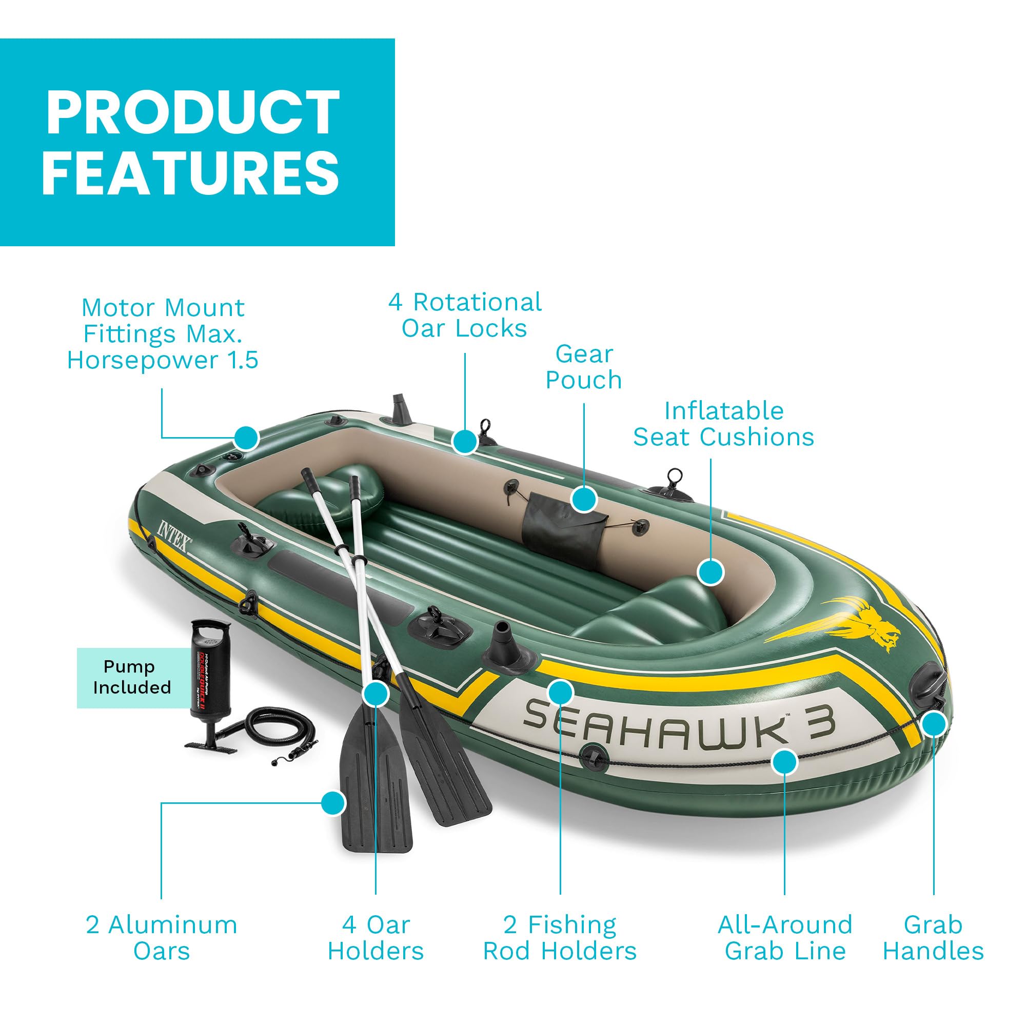 INTEX Serie di barche gonfiabili Seahawk: include remi in alluminio deluxe e pompa ad alto rendimento, PVC super resistente, supporti per canna da pesca, maniglie resistenti, custodia per attrezzi