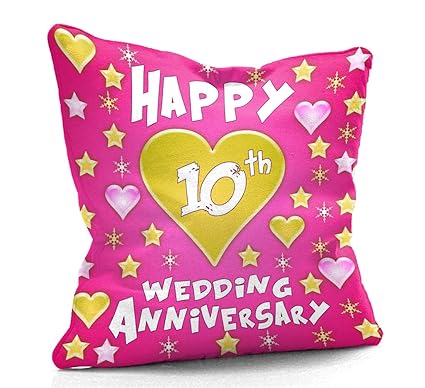 DreamVio Happy 10th Anniversary Cushion,Pillow for Gifting on Birthday's & Wedding to Couple,Husband, Wife, Friends Color : Pink (12 x 12 inch)