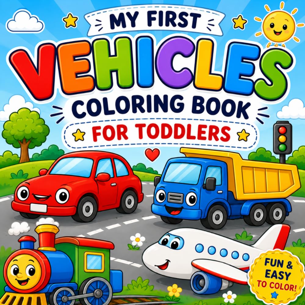 My First Vehicles Coloring Book: Cute and Simple Vehicle Coloring Pages for Preschool Kids Ages 3–6