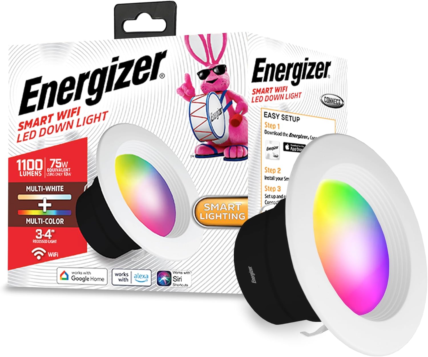 Energizer Smart Recessed Downlight, 3”-4” BR30 Multi-Color & Multi-White Wi-Fi LED Bulb, E26 Screw Base, 1100 Lumens, 11W, 75W Equivalent, App & Voice Control with Alexa Google Siri, Scheduling & More Energizer Smart Recessed Downlight, 3”-4” BR30 Multi-Color & Multi-White Wi-Fi LED Bulb, E26 Screw Base, 1100 Lumens, 11W, 75W Equivalent, App & Voice Control with Alexa Google Siri, Scheduling & More