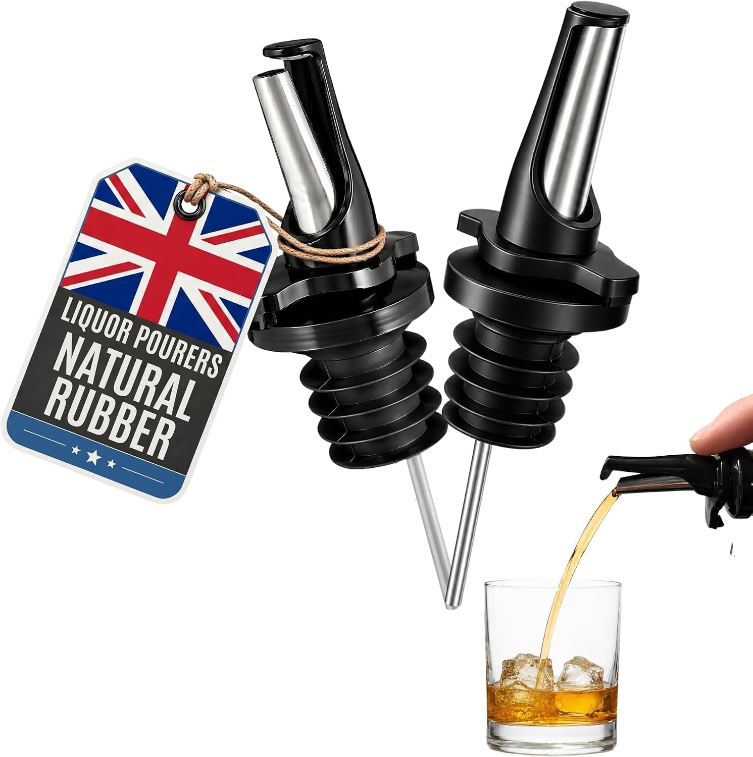 Liquor Pour spout with Built-in Fruit Fly Protection - Black 2PCs | BPA Free Natural Rubber & Dishwasher Safe Hygienic Alcohol Speed Spouts - Airtight & Leakproof - Also for Olive Oil, Syrup