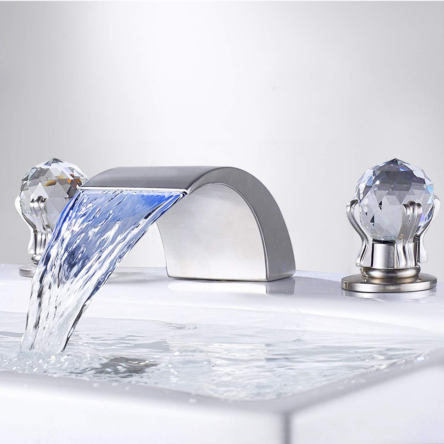 FUZ LED Waterfall Spout 2 Crystal Knobs Bathroom Widespread Sink Faucet ...